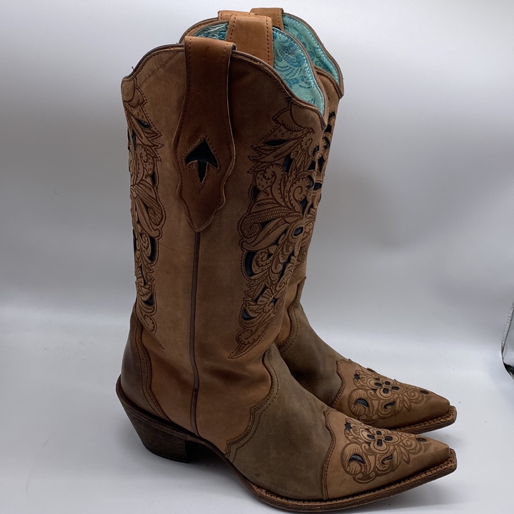 CORRAL Cowgirl Western Laser Tooled Snip Toe Boots Size 10M - Picture 3 of 14